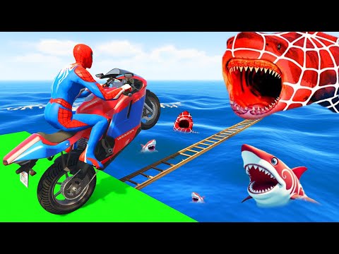 SPIDER MAN Takes on Spiral Bridge Stunt Ride on Motorcycle🦺🥽بطال الخارقين على القضبان دوامة قمع جس