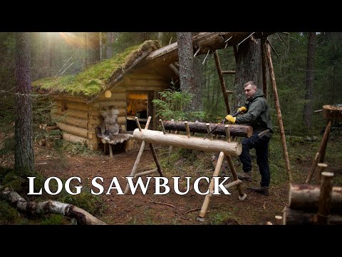 I Built PERFECT Bushcraft SAWBUCK (SAWHORSE) from LOG & Resin TORCH near my FOREST HUT