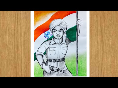 how  to draw shahid bhagat sing with indian flag for republic day special,republic day drawing,