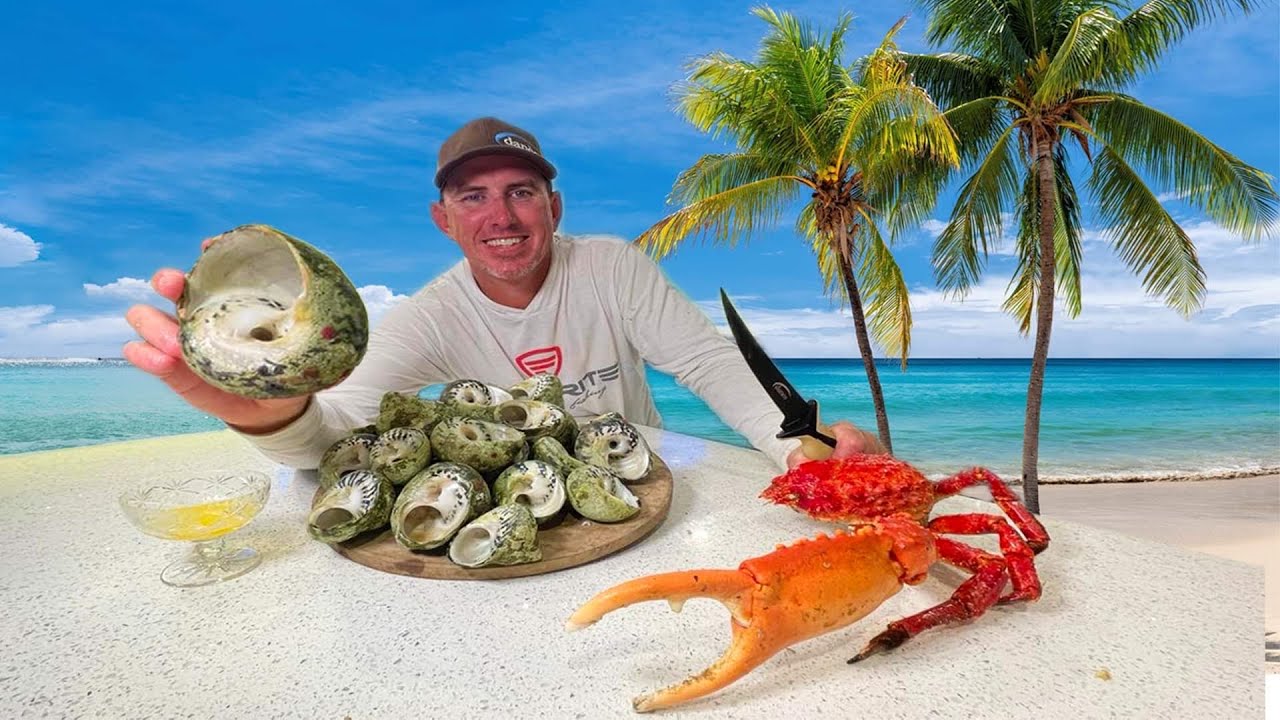 Foraging for Food on the Beach in Jamaica (Huge Snails and Crab Catch Clean & Cook) - Bluegabe