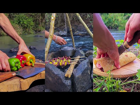 Pan-fried beef, grilled egg with giant chili, fried fish in oil pot, cooking in the forest 🔥 ASMR