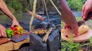 Pan-fried beef, grilled egg with giant chili, fried fish in oil pot, cooking in the forest 🔥 ASMR