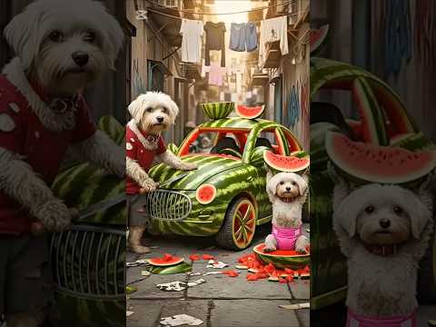 😭 A cat and his kitten in a red sports car destroyed the poor dog and his puppy’s watermelon car🚗