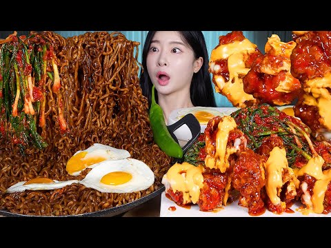 ASMR MUKBANG | 맘스터치 핫치즈싸이순살 ★ 짜파게티 & 매운 파김치 먹방! Spicy Fried Chicken 🍗 Black Bean Noodles & Pa Kimchi