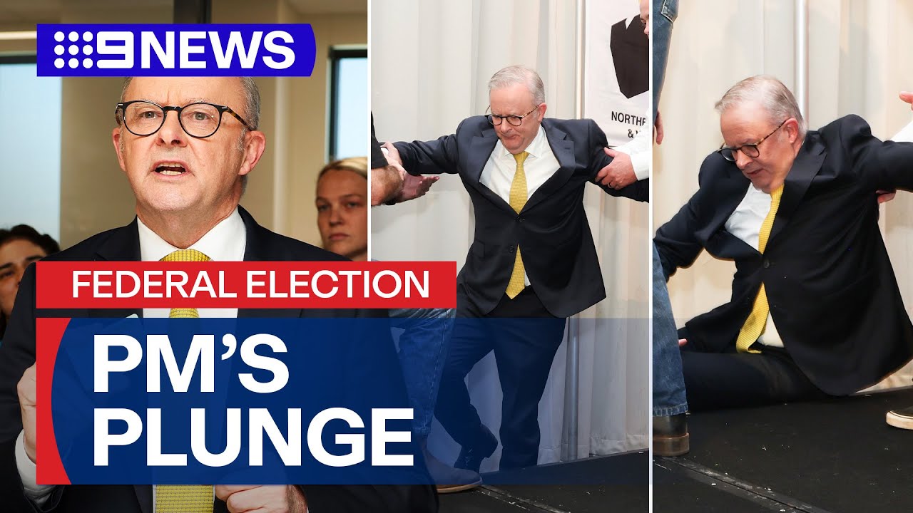 Prime Minister Anthony Albanese takes a tumble off stage | 9 News Australia
