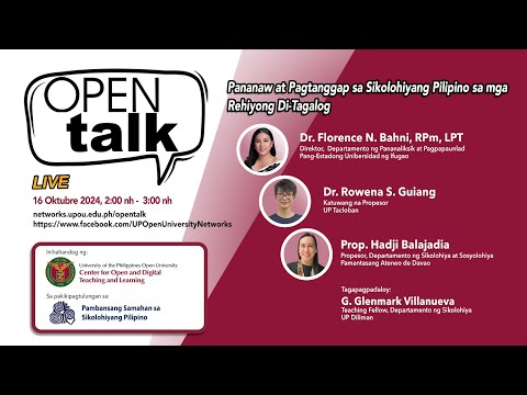 OPEN Talk Episode 44: Pananaw at Pagtanggap sa Sikolohiyang Pilipino sa mga Rehiyong Di-Tagalog