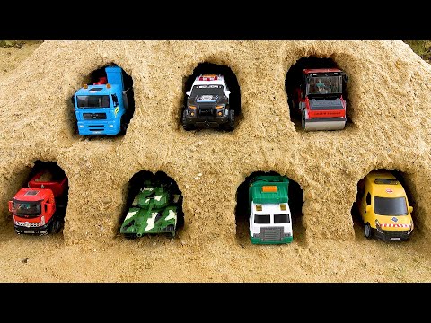 Sand dump truck, construction roller in fun cave | Disney cars toys and dinosaurs toys