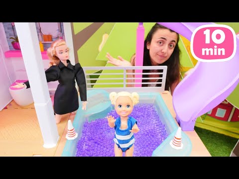 Sevcan ile Barbie oyunları: havuz oyunları, moda yarışması, bebek odasının hazırlanması!