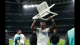 Alaba con silla celebrando gol del Real Madrid vs PSG