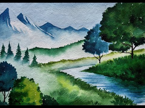 Beautiful mountain village scenery painting || watercolor nature painting