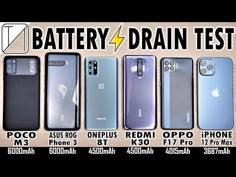 (ENGLISH) POCO M3 vs ROG 3 / OnePlus 8T / Redmi K30 / OPPO F17 Pro / iPhone 12 Pro Max Battery Life DRAIN Test
