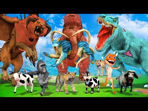 Giant Dinosaur Lion Attack Baby Cow Cartoon Gorilla Buffalo Tiger Cub Then How They Survive?!!