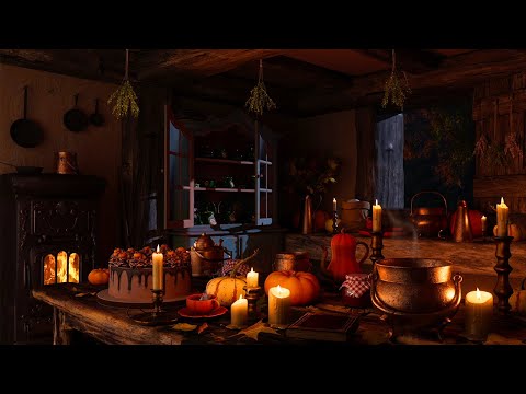 Cozy Autumn Night Kitchen Ambience | Fall Night With Crickets, Wood Stove, Cooking