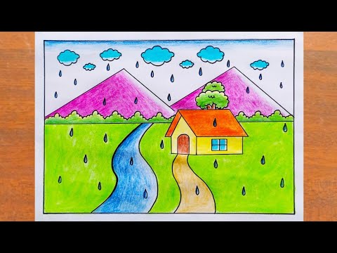 Rainy Season Drawing / How to Draw Rainy Day Scenery Easy Step By Step / Rainy Day Drawing Easy
