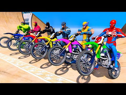 SPIDERMAN IN RED Racing Motorcycles Epic Stunts Challenge on Spiral Bridge Jump Competition - GTA 5