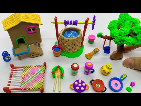 DIY How to make polymer clay miniature house, kitchen set, tree, water well, Charpai | Village house