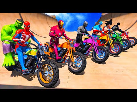 GTA V RACING SPIDERMAN Motorcycles IMPOSSIBLE RAMP PARKOUR Challenge ! HULK GOKU Motos EPIC STUNTS