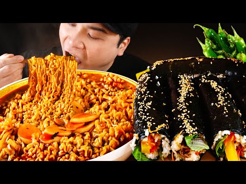 비주얼 대박 통대패쌈김밥과 떡 넣은 불닭탕면 먹방~!! 리얼사운드 ASMR social eating Mukbang(Eating Show)