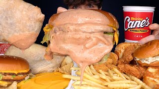 ASMR MUKBANG EXTRA CANES SAUCE MCDONALDS BURGERS CHIPOTLE BURRITOS CHICKEN & FRIES | WITH CHEESE