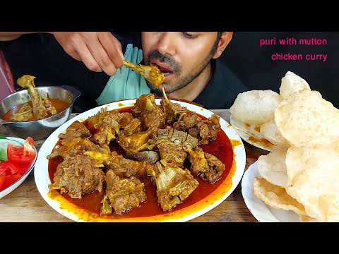 very spicy and oily mutton curry dhaba style with soft fried puri chicken curry salad eating show