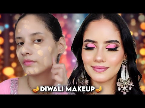 🪔✨😍 SOFT PINK CUT CREASE DIWALI MAKEUP TUTORIAL✨ONLY TWO STEP MAKEUP LOOK 🪔😍