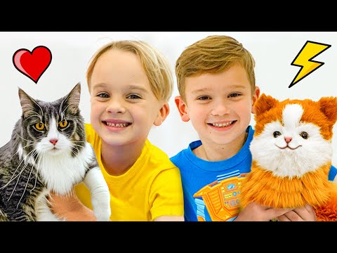 Kinder wollen ein Haustier und mit einer Roboterkatze spielen