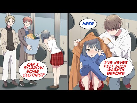 A battered high school girl in thin clothes at the laundromat wanted clothes [Manga Dub]