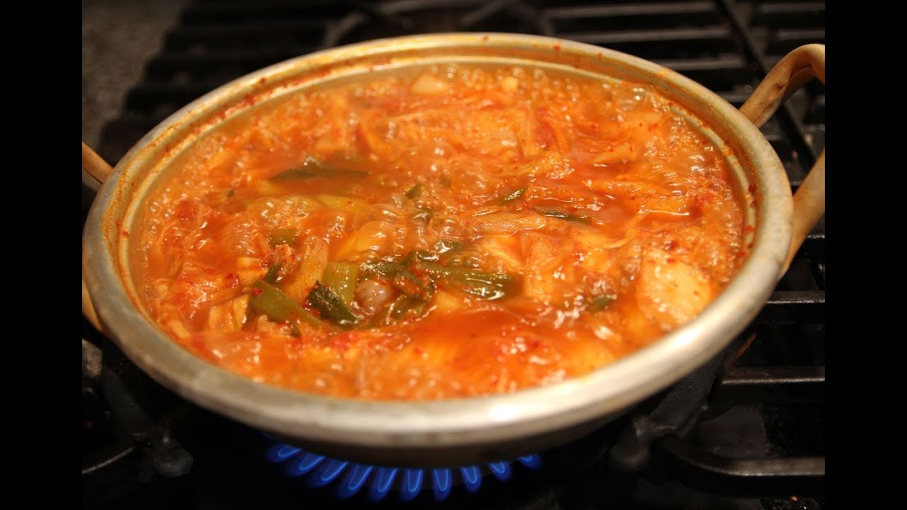 Kimchi stew (kimchi-jjigae) and a bean sprout side dish