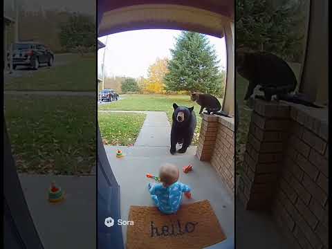 Cat saves baby from bear (caught on camera) ? ネコが赤ちゃんをクマから救出!??