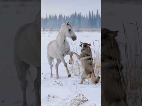 The horse and the wolf are fighting fiercely.#horse #wolf #animals #leopard #tiger #gorilla