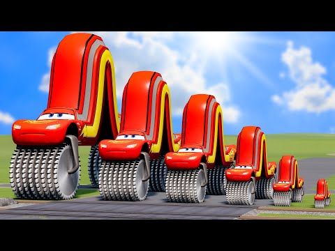 Big & Small Long Lightning Mcqueen Double Monster Saw Wheels vs Trains | BeamNG.Drive