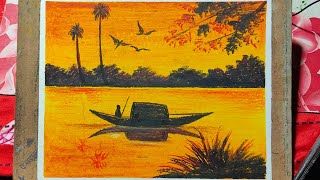 Easy oil pastel sunset scenery drawing 