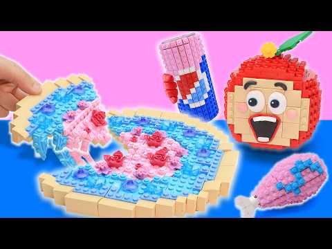 LEGO Red Apple mukbang Pink Food vs Blue Food Color ASMR IRL | Lego Food Adventures