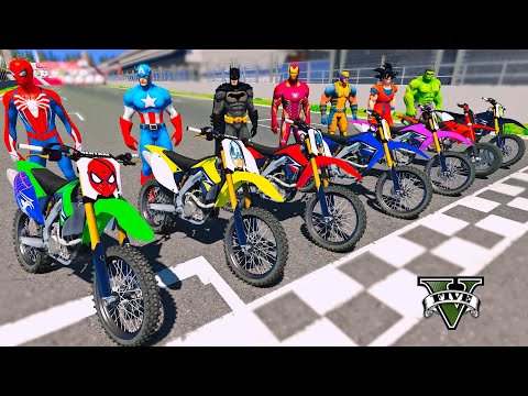 SPIDERMAN vs SUPERHEROES Motorcycles Racing Challenge on Speed Track Hulk Goku Iron Man - GTA 5