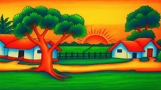 How to Draw a Beautiful Sunset Village Landscape with Oil Pastels | Step by Step for Beginners