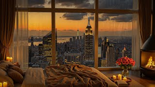 Cozy Up with 4K Sunset City Jazz 🌇 Fireplace Sounds & Bedroom Ambience