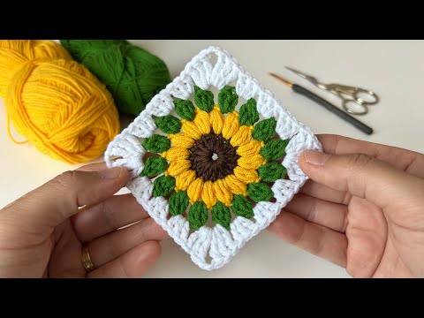 ÇOK GÜZEL ✅ KOLAY TIĞ İŞİ AYÇİÇEĞİ KARE MOTİF YAPIMI  💕 Motifli Örgü Battaniye #crochet