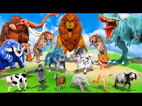 Giant Elephant Cow Buffalo vs Giant Lion Bull Tiger Cheetah vs Zombie T-rex Attack Baby Elephant