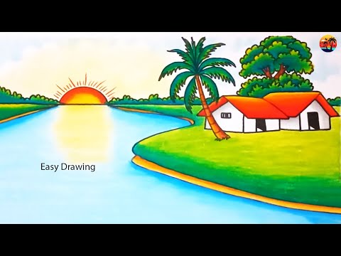 How to Draw a Beautiful Village Sunset Scenery (Step-by-Step) Easy Sunset Scenery Drawing Tutorial