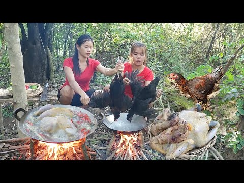 Survival in forest: Catch and cook chicken in for jungle food, Chicken soup tasty for dinner