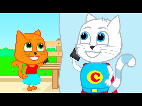 Cats Family in English - Calling a Superhero Cartoon for Kids