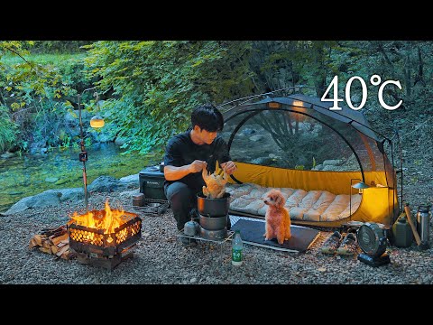 40℃ Cool Tent Camping with My Dog . Korean Baeksook & Kimchi . Wood Stove ASMR