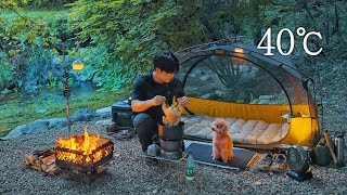 40℃ Cool Tent Camping with My Dog . Korean Baeksook & Kimchi . Wood Stove ASMR