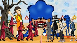 Squid Game team and pennywise , chainsaw man, cartoon cat, power  , shin sonic tape....