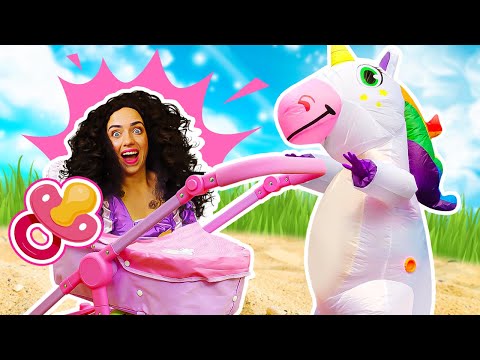 The lonely unicorn makes friends with princesses. Ball pit fun on a picnic with unicorn family.
