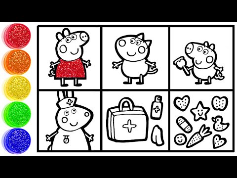 How to draw Peppa Pig for kids - Drawing 6 Cute Disney Princess Characters and Peppa pig Coloring