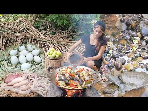 Survival in forest, Found & Catch turtle in river, Turtle tasty cooking for food, Snail hot chili