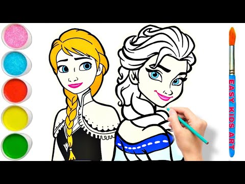 How to Draw Anna Elsa Frozen Princess, disney princess drawing and coloring, easy with colour