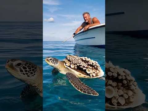 A large number of barnacles are parasitic on the back of the turtle, which is very painful