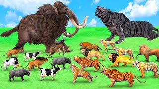Woolly Mammoth Elephant vs Giant White Tiger Fight Elephant Cow Buffalo Bull Saved By Mammoth
